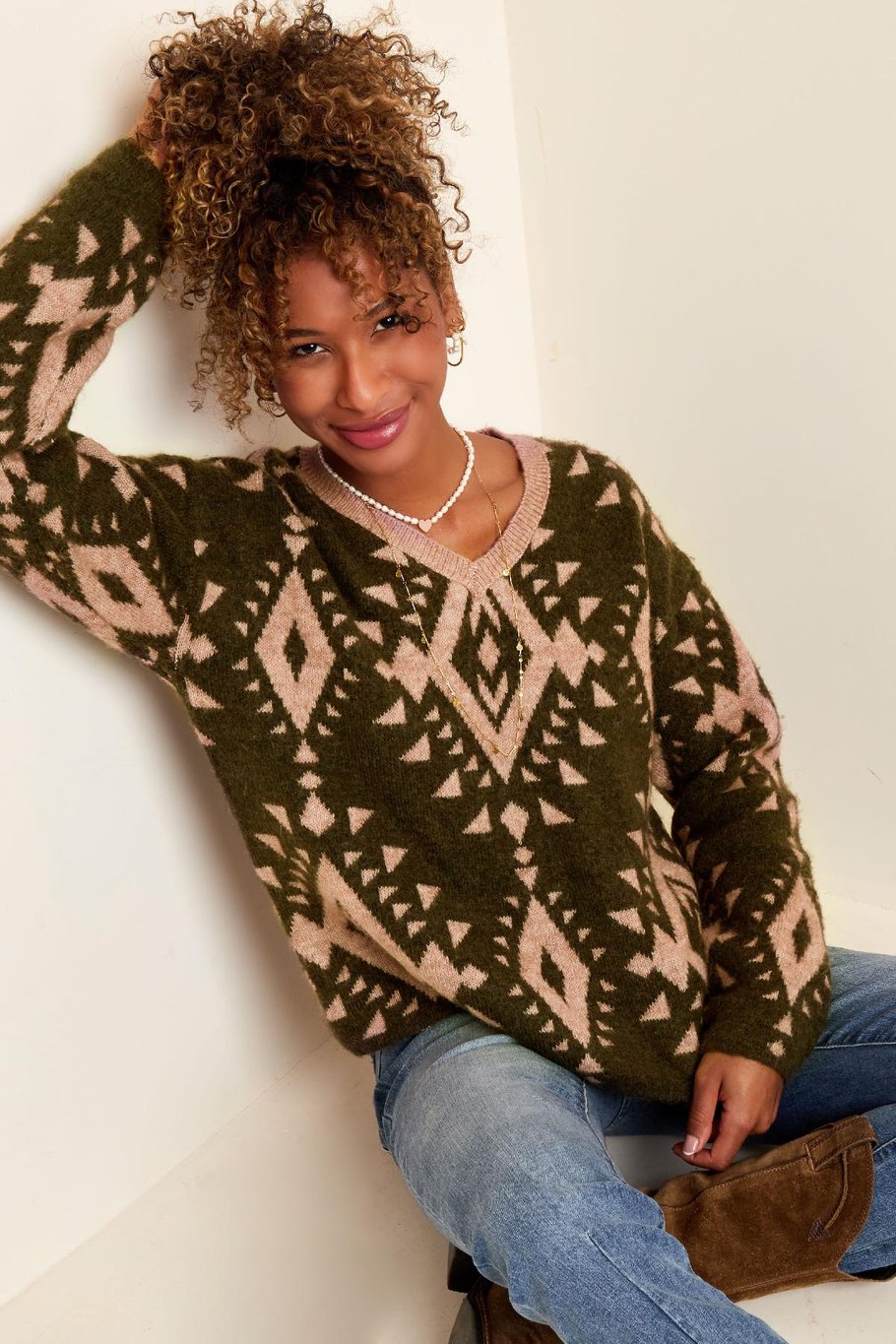 Pull imprimé tribal Noir &amp; Beige S/M Image2